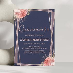 Floral Girly Rose Gold Blue Quinceanera Party