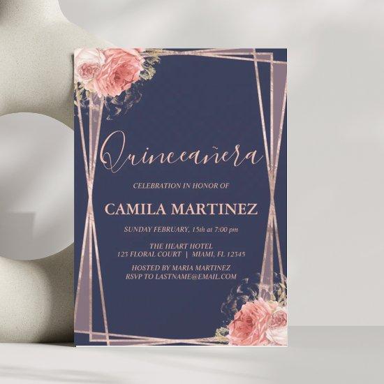 Floral Girly Rose Gold Blue Quinceanera Party