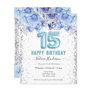 Floral Glitter Light Blue Happy 15th Birthday