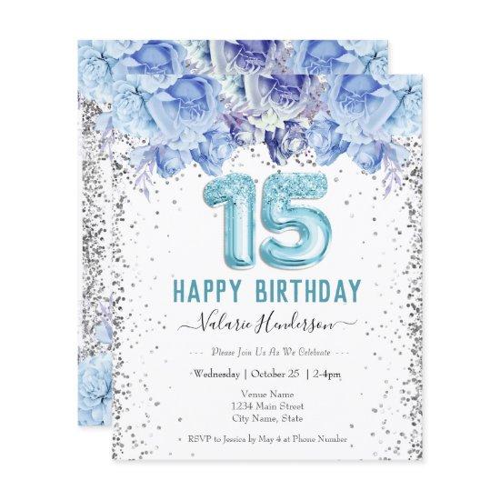 Floral Glitter Light Blue Happy 15th Birthday