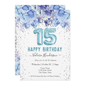 Floral Glitter Light Blue Happy 15th Birthday