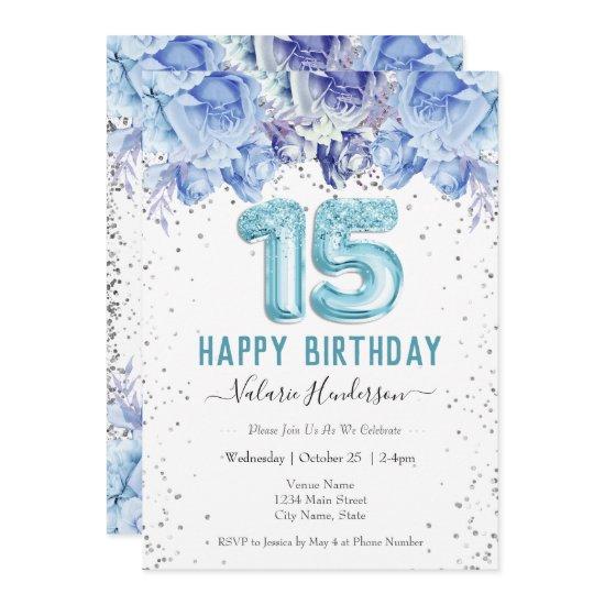 Floral Glitter Light Blue Happy 15th Birthday
