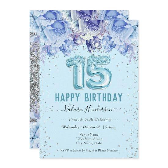 Floral Glitter Light Blue Happy 15th Birthday