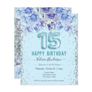 Floral Glitter Light Blue Happy 15th Birthday