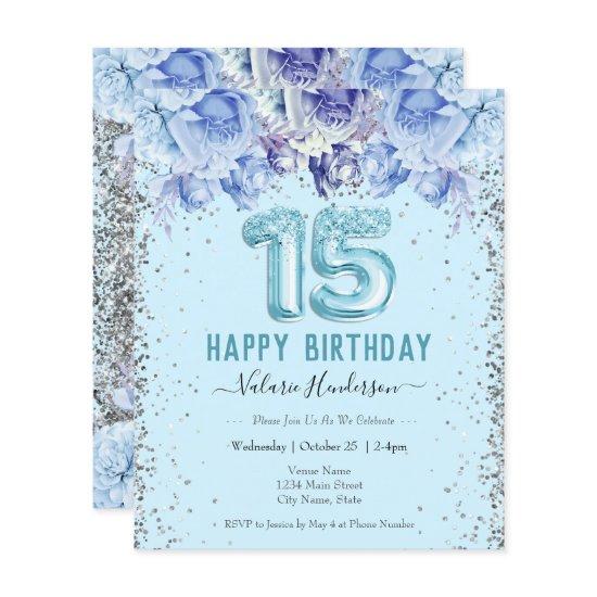 Floral Glitter Light Blue Happy 15th Birthday