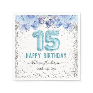 Floral Glitter Light Blue Happy 15th Birthday Napkins