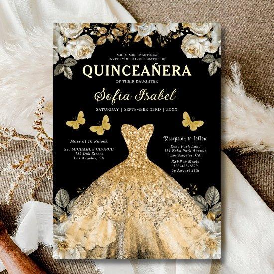 Floral Gold Black Butterfly Princess Quinceanera Foil