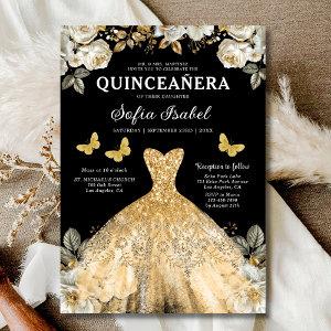 Floral Gold Black Butterfly Princess Quinceanera