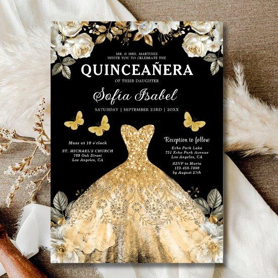 Floral Gold Black Butterfly Princess Quinceanera