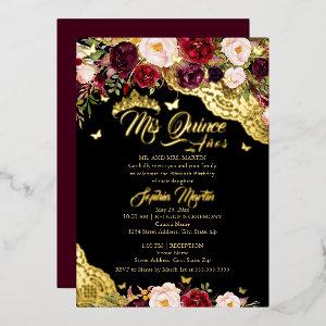 Floral Gold Burgundy Butterfly Lace Quinceanera Foil