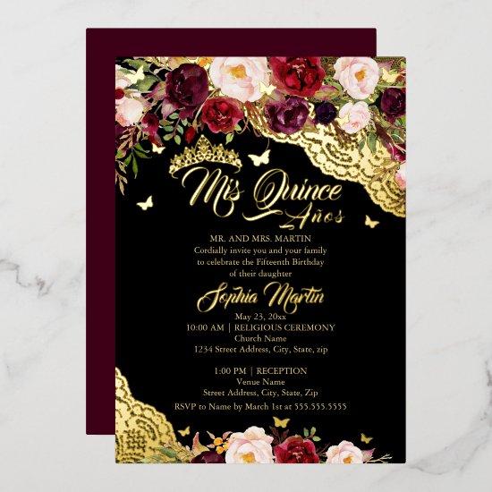 Floral Gold Burgundy Butterfly Lace Quinceanera Foil