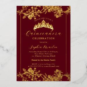 Floral Gold Burgundy Vintage Quinceanera  Foil