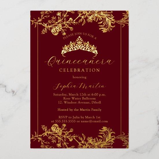 Floral Gold Burgundy Vintage Quinceanera  Foil