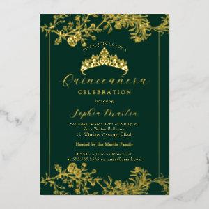 Floral Gold Emerald Vintage Quinceanera  Foil