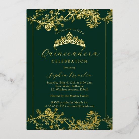 Floral Gold Emerald Vintage Quinceanera  Foil