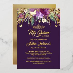 Floral Gold Glitter Sparkling Amethyst Quinceanera Foil