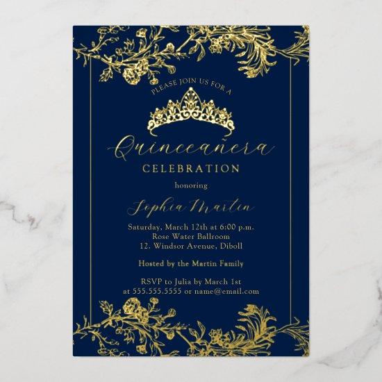 Floral Gold Navy Vintage Quinceanera  Foil