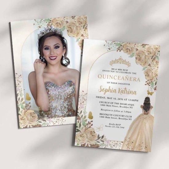 Floral Gold Princess Birthday Quinceanera Photo