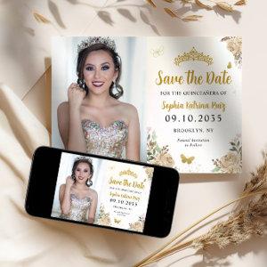 Floral Gold Princess Birthday Quinceanera Photo Save The Date