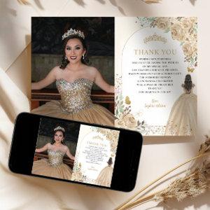Floral Gold Princess Quinceanera Photo Thank You