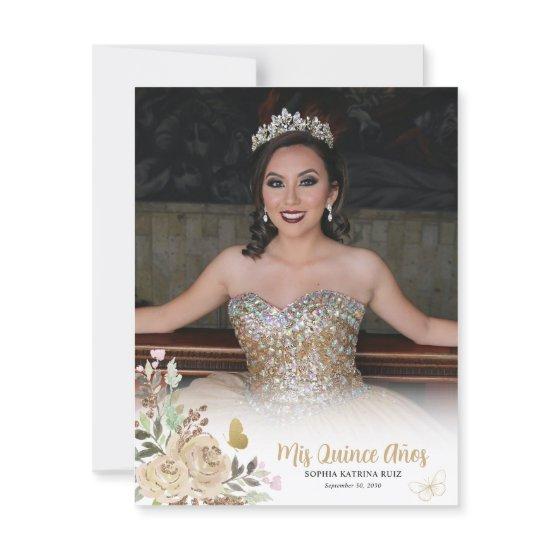 Floral Gold Princess Quinceanera Photo Thank You