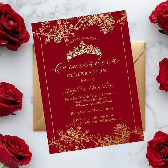 Floral Gold Red Vintage Quinceanera  Foil