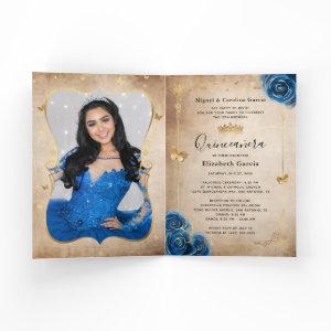 Floral Gold Royal Blue Quinceañera Photo Folded
