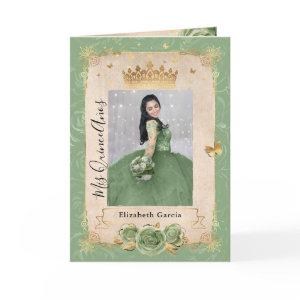 Floral Gold Sage Green Quinceañera Photo Folded