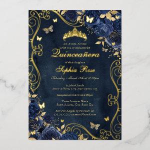 Floral Gold Swirl Butterfly Navy Quinceanera Foil