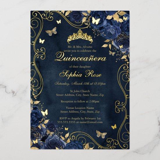 Floral Gold Swirl Butterfly Navy Quinceanera Foil
