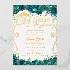Floral Gold Teal Scroll Mis Quince Quinceanera  Foil