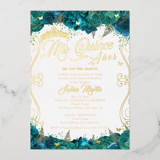 Floral Gold Teal Scroll Mis Quince Quinceanera  Foil