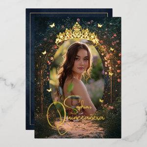 Floral Golden Garden Butterfly Photo Quinceanera Foil