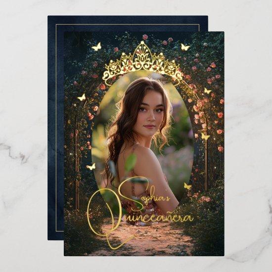 Floral Golden Garden Butterfly Photo Quinceanera Foil