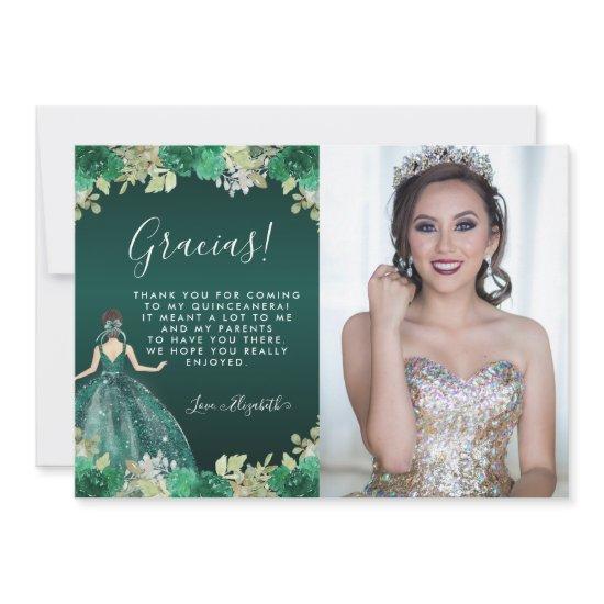 Floral Green Dress Birthday Photo Quinceanera Thank You Card
