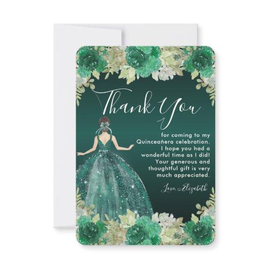 Floral Green Dress Birthday Quinceanera Thank You Card
