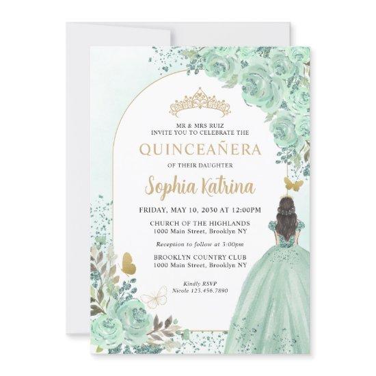 Floral Green Gold Princess Birthday Quinceanera