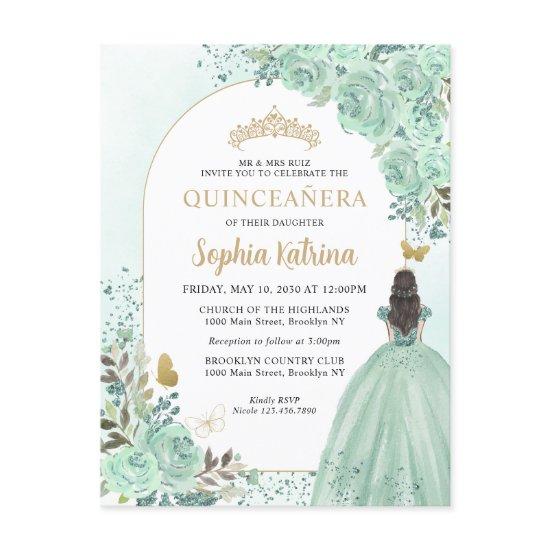 Floral Green Gold Princess Birthday Quinceanera  Postcard