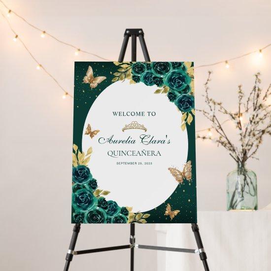 Floral Green Gold Tiara Butterfly Quinceañera Foam Board