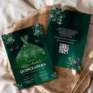 Floral Green Gown Dress QR Code Quinceanera