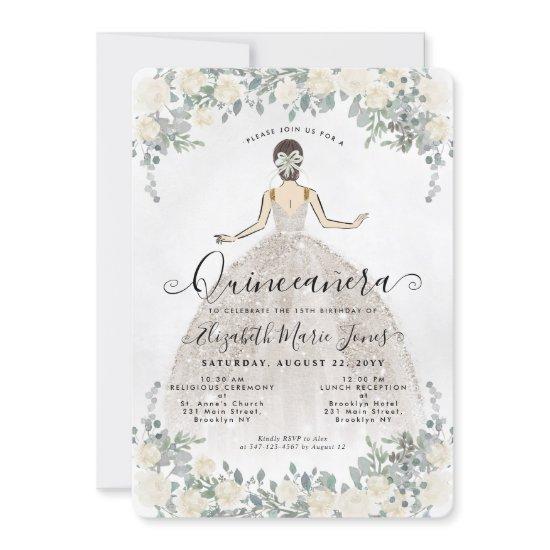 Floral Ivory White Princess Birthday Quinceanera