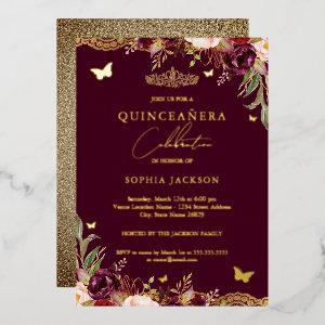 Floral Lace Burgundy Quinceanera Birthday  Foil