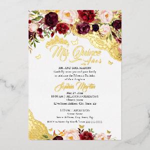 Floral Lace Gold Burgundy Butterfly Quinceanera Foil