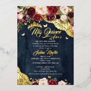 Floral Lace Navy Burgundy Butterfly Quinceanera Foil