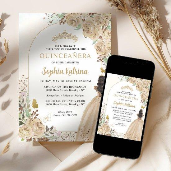 Floral Light Gold Princess Birthday Quinceanera