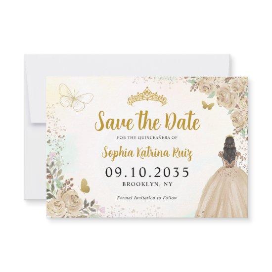 Floral Light Gold Princess Birthday Quinceanera Save The Date