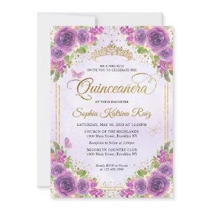 Floral Light Purple Gold Glitter Crown Quinceañera