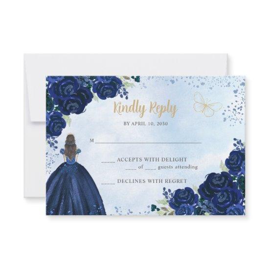Floral Navy Blue Gold Glitter Princess Quinceañera RSVP Card
