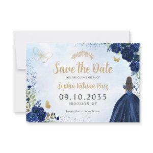 Floral Navy Blue Gold Princess Tiara Quinceanera Save The Date