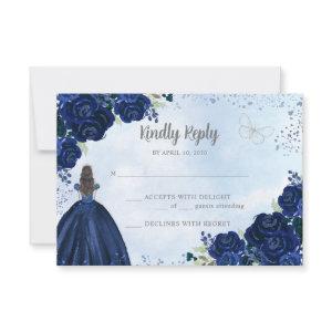 Floral Navy Blue Gray Glitter Princess Quinceañera RSVP Card